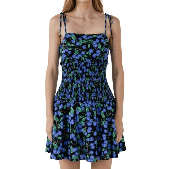 English Factory Blueberry Print Smocked Rayon Mini Dress Sundress Size M - Picture 12 of 12
